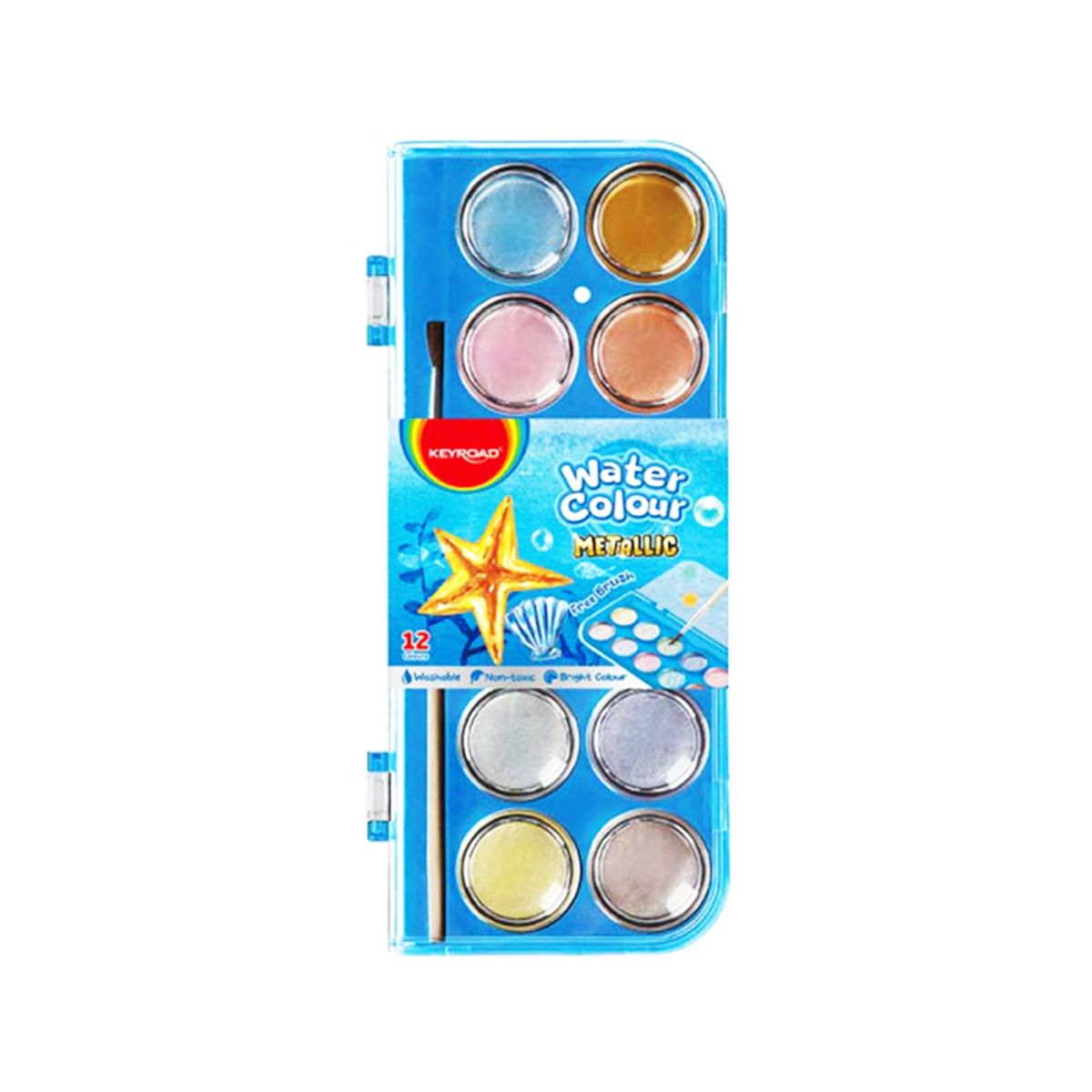 KEYROAD - Acuarelas metalizadas Estuche Plástico + Pincel x 12 Colores