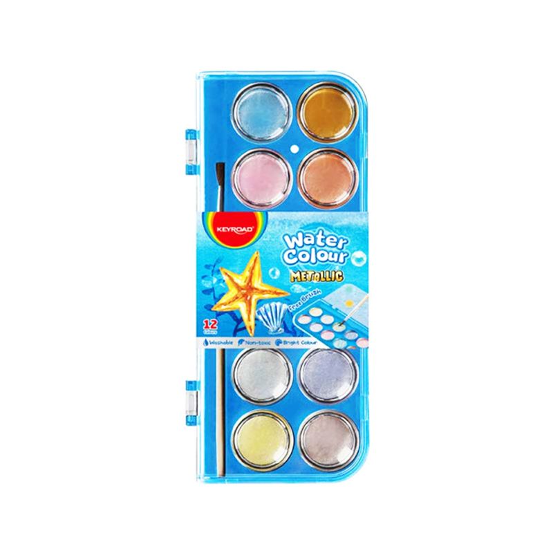 KEYROAD - Acuarelas metalizadas Estuche Plástico + Pincel x 12 Colores