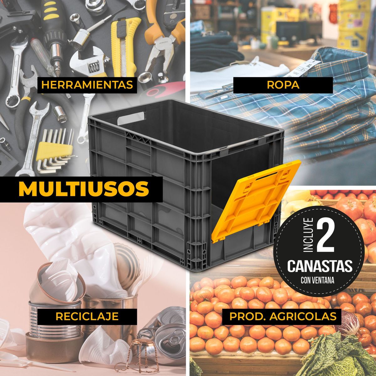 ENERGY PLUS - Set X2 Canastillas plásticas multiusos apilables con Ventana