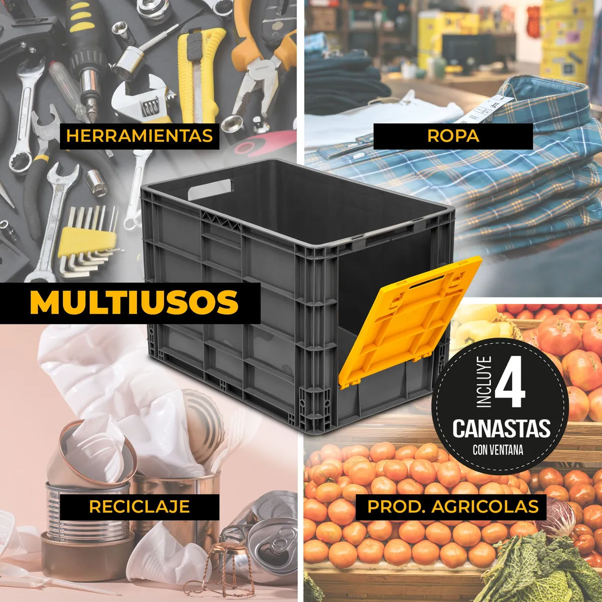 ENERGY PLUS - Set X4 Canastillas plásticas multiusos apilables con Ventana