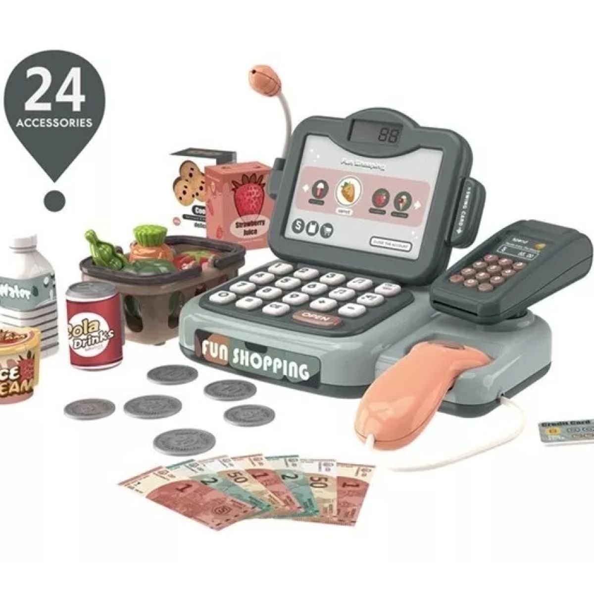 MARKET TOYS - Máquina Registradora Infantil Con Lector 24 Pcs