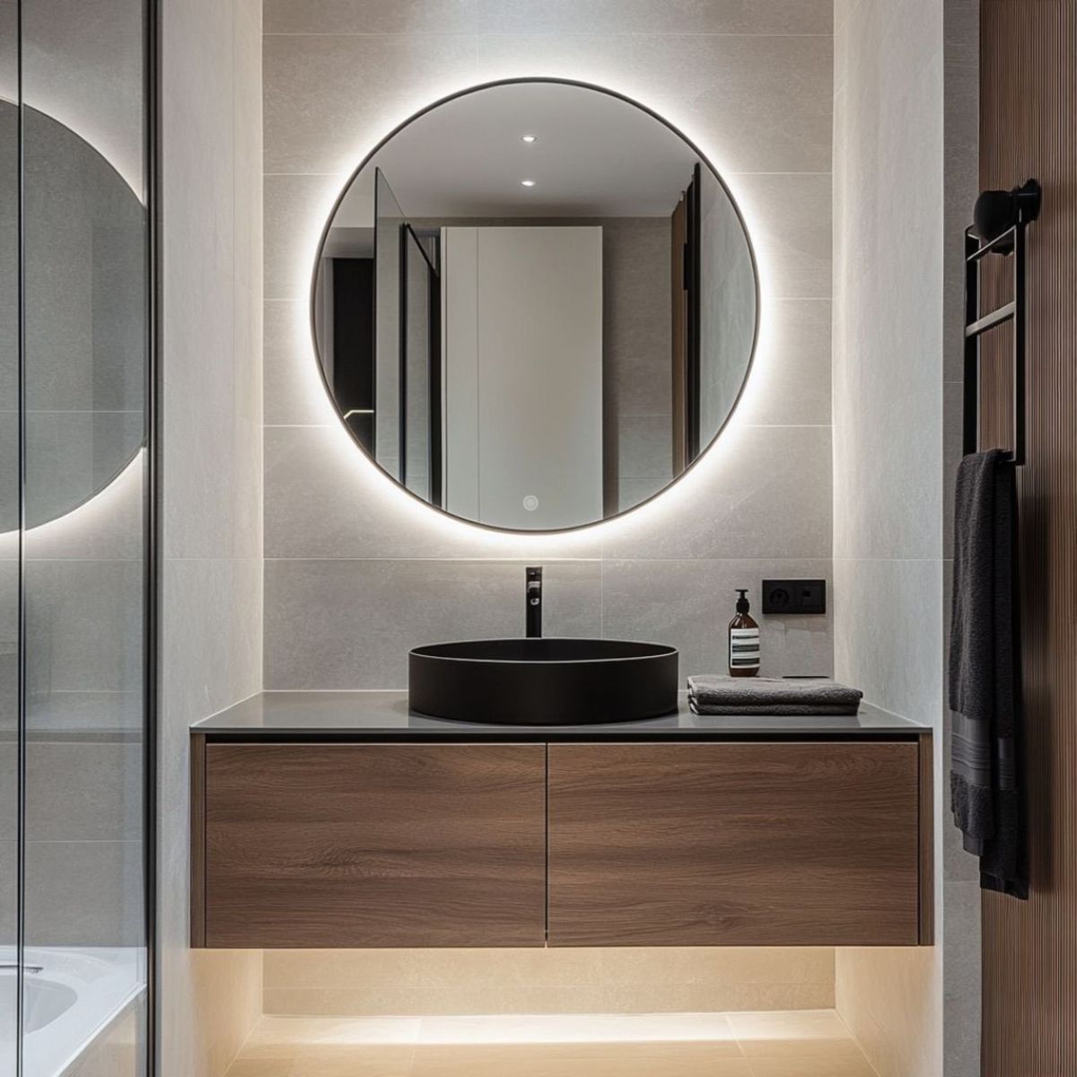 ALIK DISEÑO - Espejo Redondo Marco Metálico Negro Con Luz Led Blanca Táctil 70cm