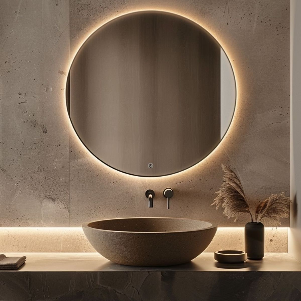 ALIK DISEÑO - Espejo Redondo Marco Metálico Negro Con Luz Led Cálida Táctil 70cm