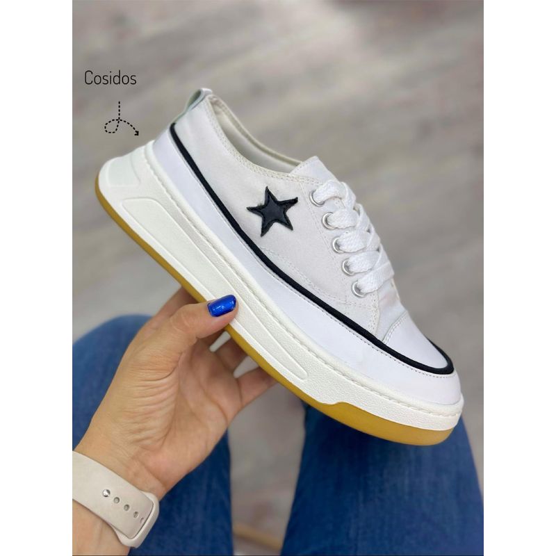 GENERICO - Tenis Cosido Lona Dama Urbano Mujer Estrella Zapatos-Blanco