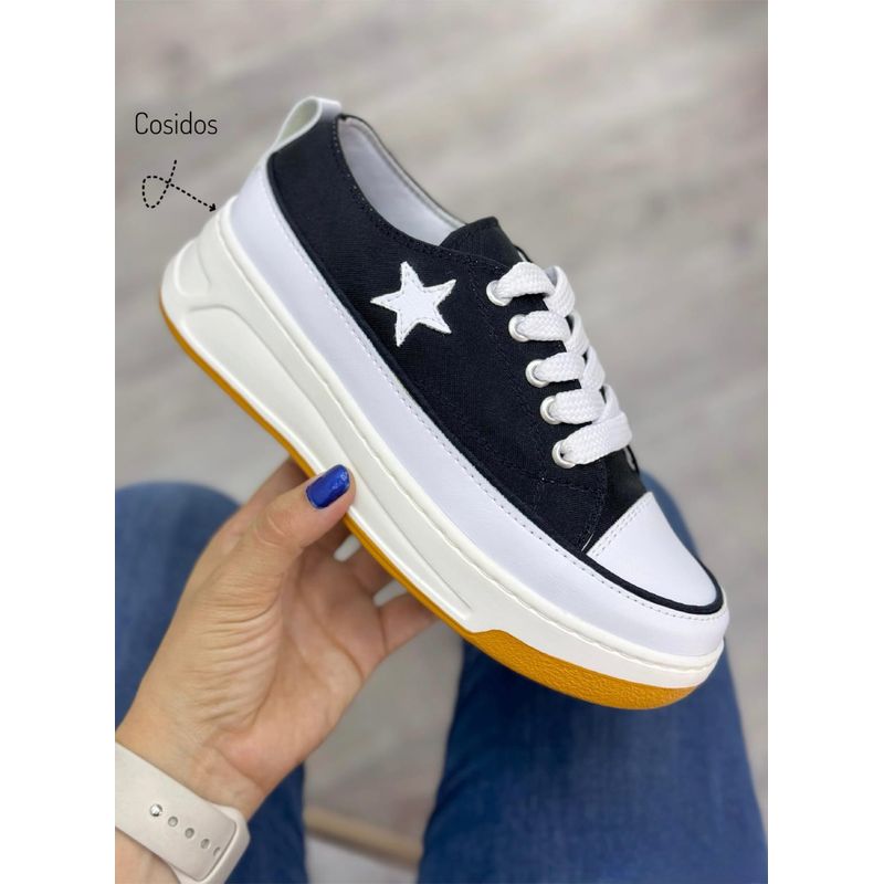 GENERICO - Tenis Urbano Cosido Lona Dama Mujer Estrella Zapatos-Negro