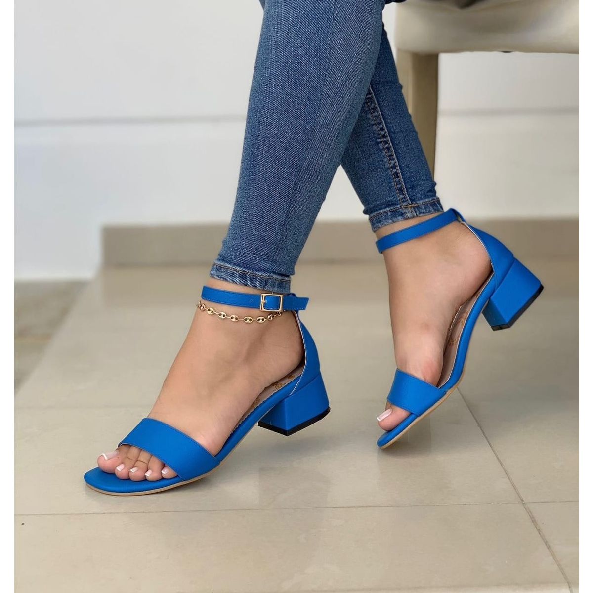 GENERICO - Sandalia Dama Tacon Cubano 4 1/2 Zapatos Mujer- Azul