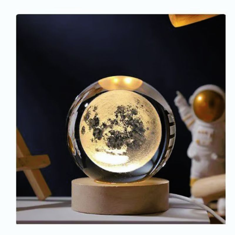 GENERICO - Lampara Esfera de Cristal Luna 3D con Base de Madera