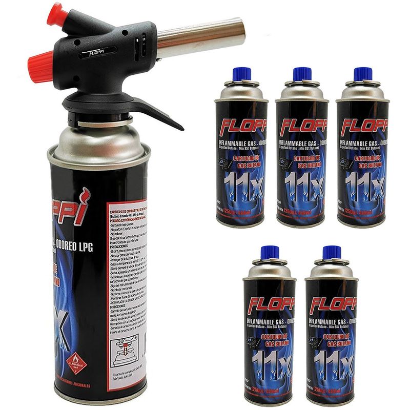 GENERICO - Soplete Reposteria Soldadura Gratinar + 6 Tanques Gas Butano