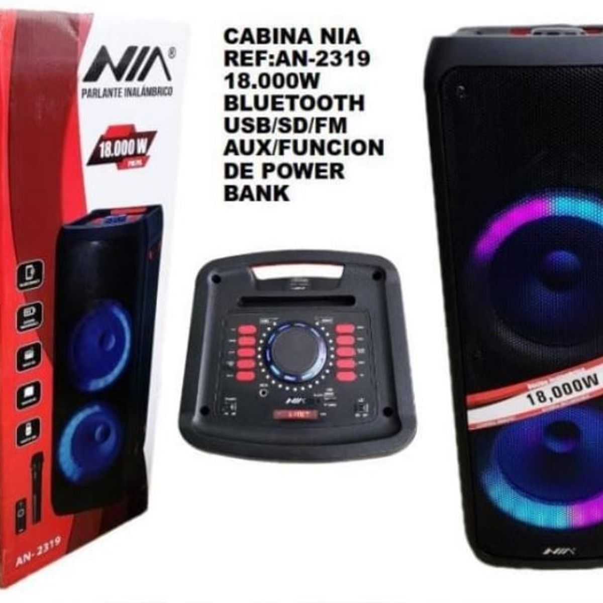 NIA - Cabina Grande Torre sonido 18000W Recargable Excelente Potencia 2X10P