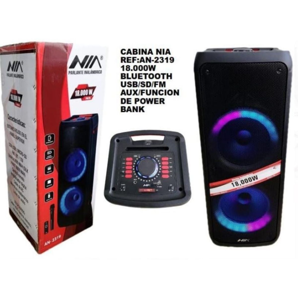 NIA - Cabina Grande Torre sonido 18000W Recargable Excelente Potencia 2X10P