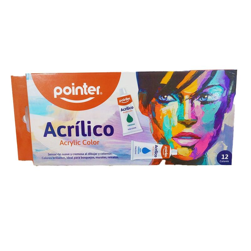 POINTER - Acrílicos Pointer, Caja X 12 colores, Tubo de 12 ml