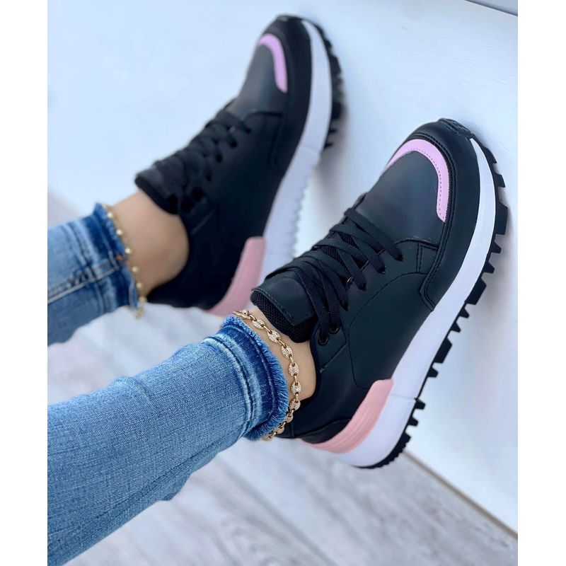 GENERICO - Tenis Negro Rosa Dama Zapatillas Zapatos Mujer Lindos Moda Casual