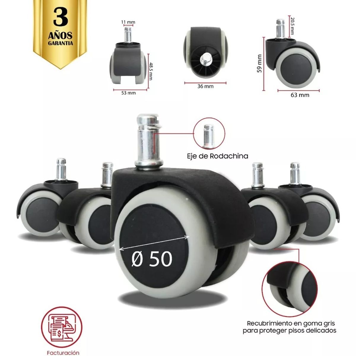 MUEBLESYA - Repuesto Para Silla De Oficina 5 Rodachinas Ruedas De Goma Gris 50MM
