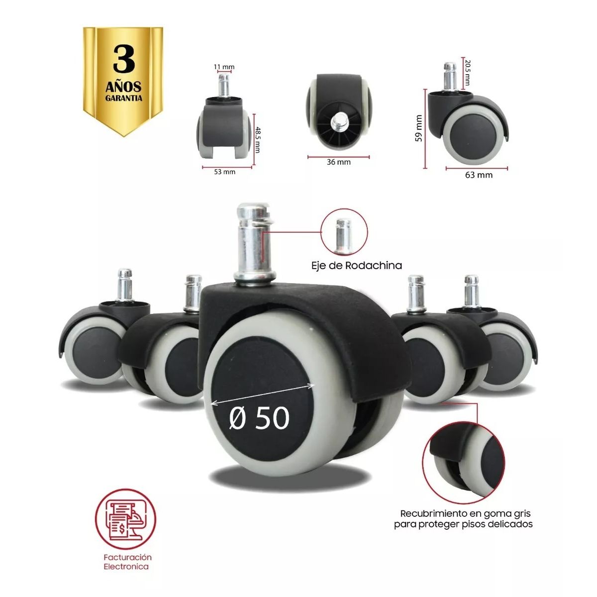 MUEBLESYA - Repuesto Para Silla De Oficina 5 Rodachinas Ruedas De Goma Gris 50MM