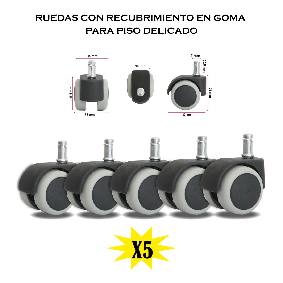 MUEBLESYA - Repuesto Para Silla De Oficina 5 Rodachinas Ruedas De Goma Gris 50MM