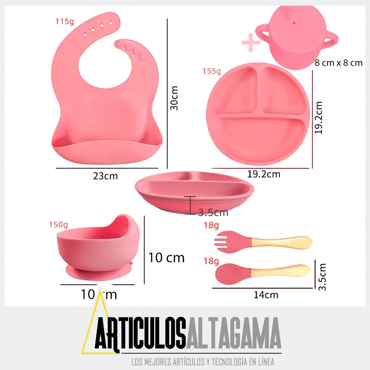 XALTA - Set Vajilla En Silicona para bebé Plato Babero Vaso -Rosa