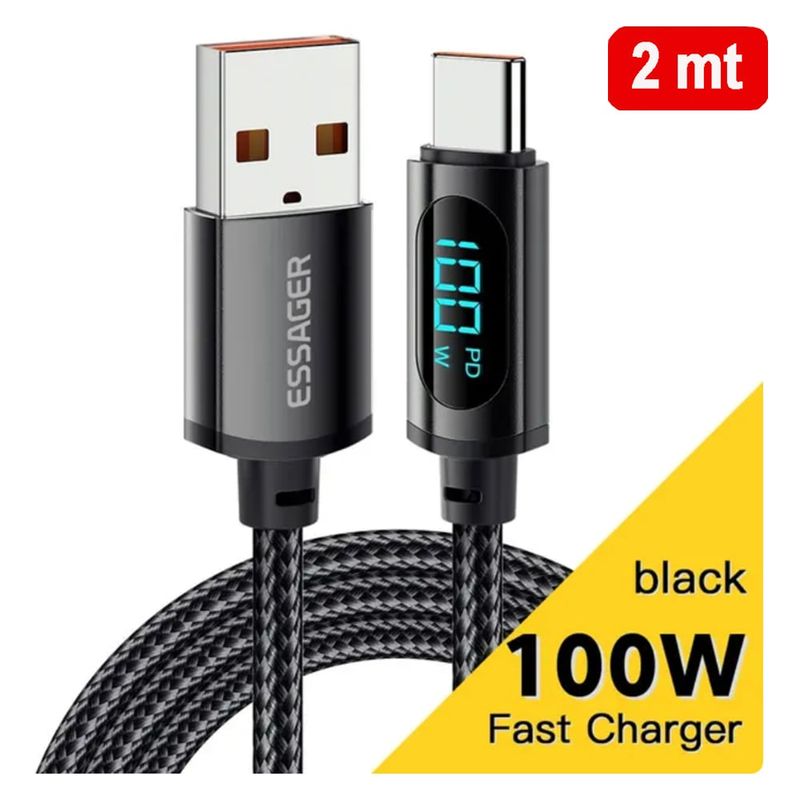 GENERICO - Cable USB tipo C Para Carga Rápida 100W 7A Pantalla LED 2 Mt