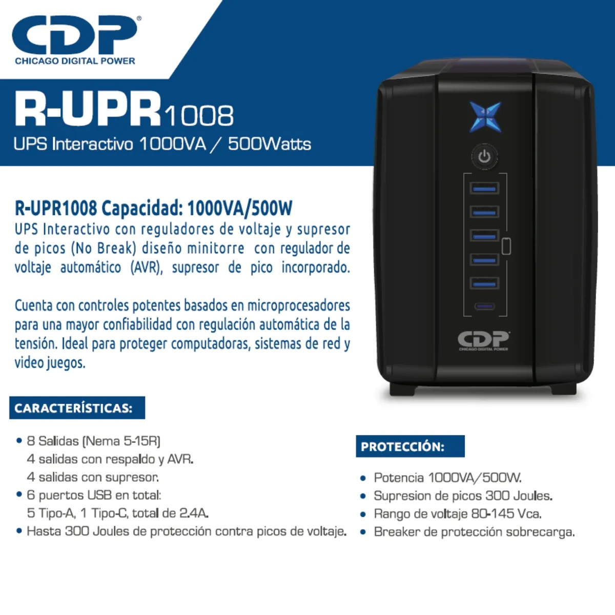 CDP - UPS Interactiva CDP R-UPR 1008 Regulador/8 Tomas/1000VA