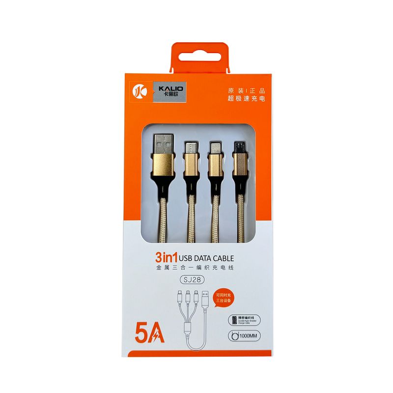 GENERICO - Cable para celular carga rápida 3en1  Tipo C, V8 y Lightning USB Oro