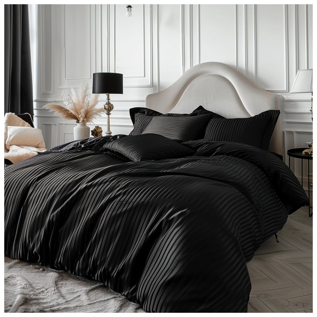 KARYTEX - COMBO Duvet + Juego Sabanas Embozado Negro + Plumón Liso Blanco Queen