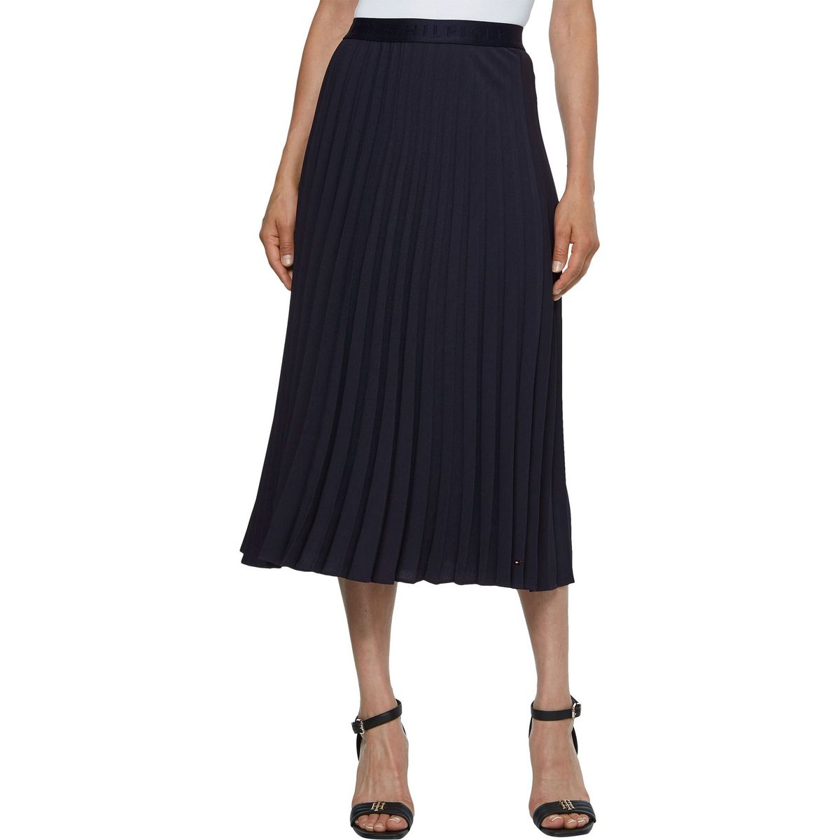 TOMMY HILFIGER - Falda azul midi plisada con logo en la cintura Tommy Hilfiger
