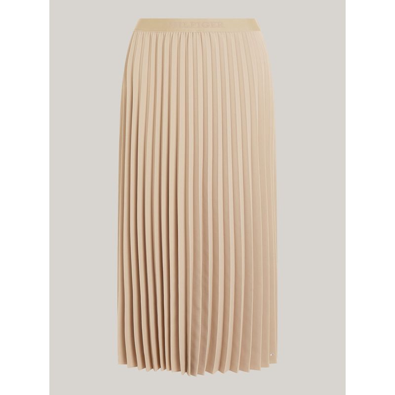 TOMMY HILFIGER - Falda beige midi plisada con logo en la cintura Tommy Hilfiger