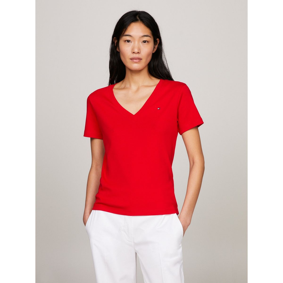 TOMMY HILFIGER - Camiseta roja de rayas con cuello en V Tommy Hilfiger