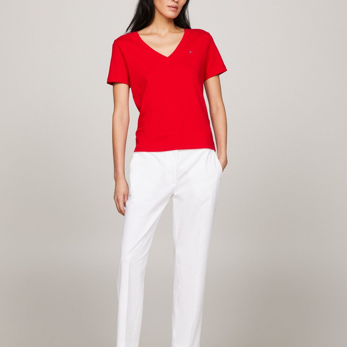 TOMMY HILFIGER - Camiseta roja de rayas con cuello en V Tommy Hilfiger