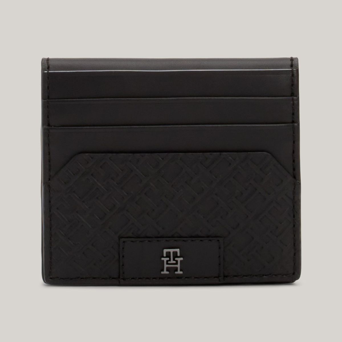TOMMY HILFIGER - Tarjetero negro de cuero con monograma Tommy Hilfiger