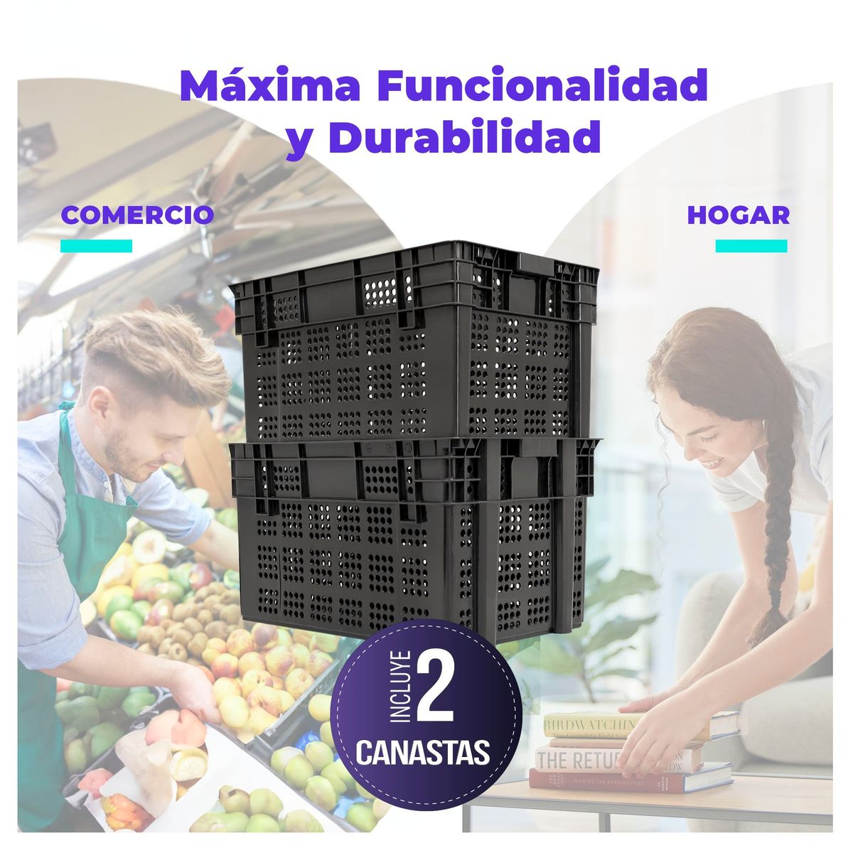 ENERGY PLUS - Set X2 Canastillas Organizadoras Apilables y Anidables 25 Kg