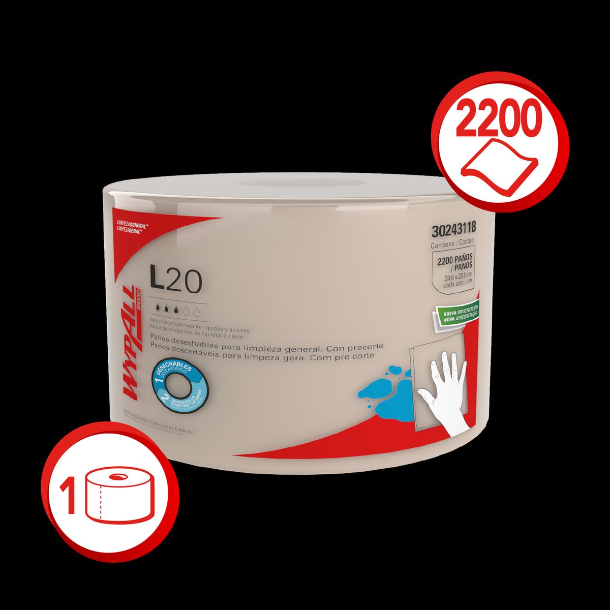 WYPALL - Paños de limpieza desechables Wypall L20 Rollo Jumbo