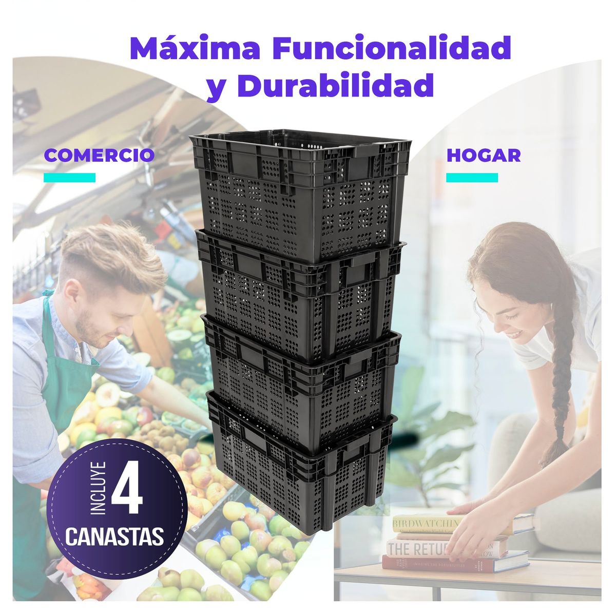 ENERGY PLUS - Set X4 Canastillas Organizadoras Apilables y Anidables 25 Kg