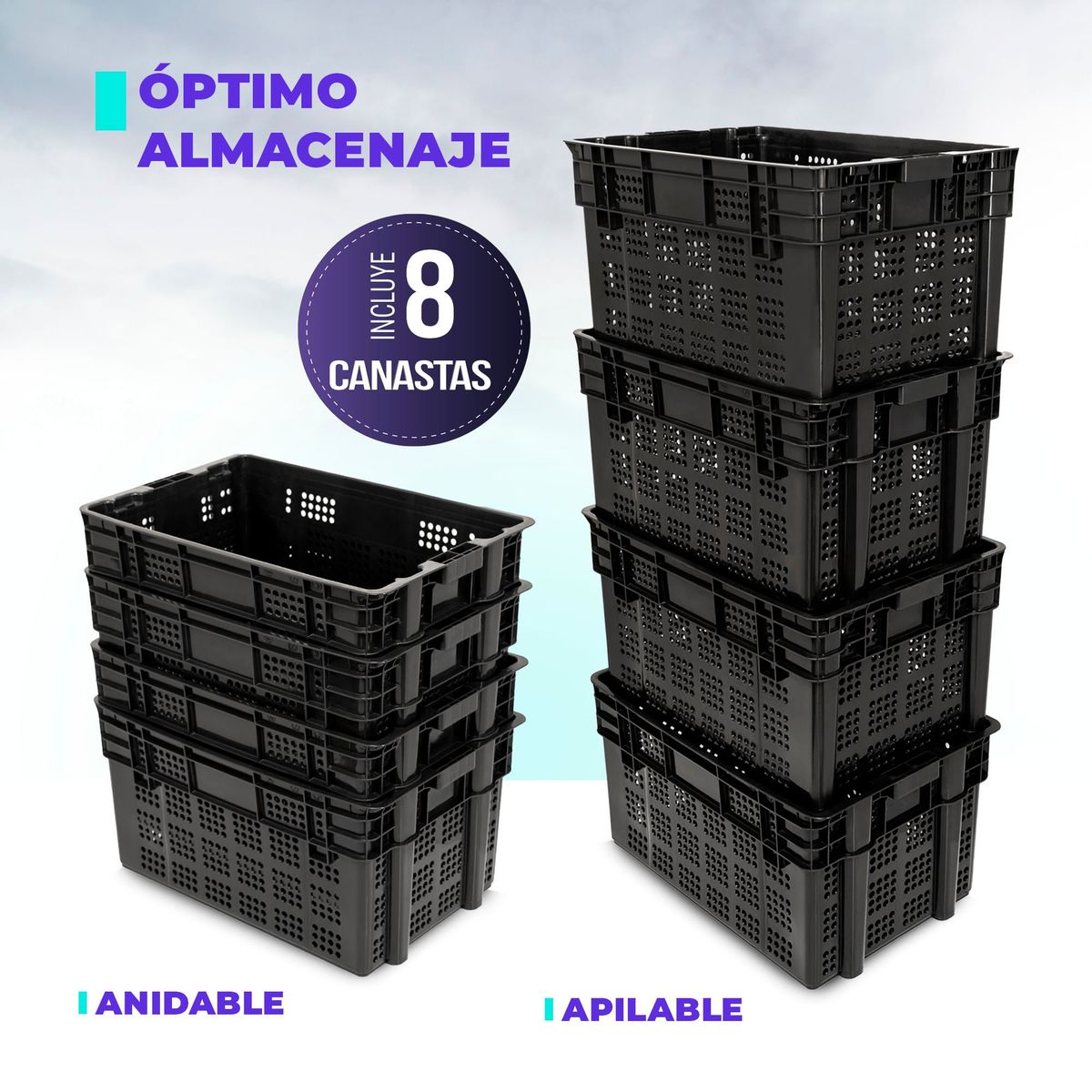 ENERGY PLUS - Set X8 Canastillas Organizadoras Apilables y Anidables 25 Kg