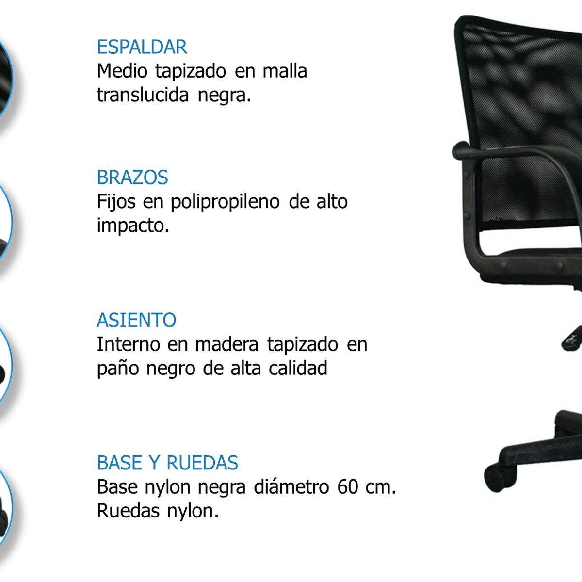 GENERICO - Silla De Oficina Chipre Negra brazos fijos - Mobili shop