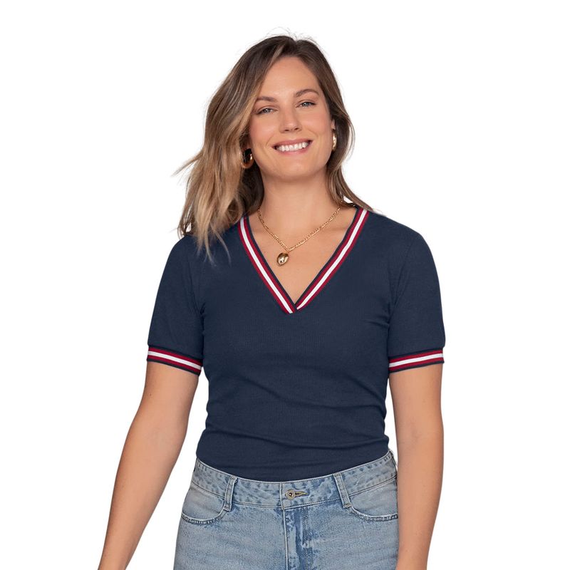 LEONISA - Leonisa Camiseta manga corta con cuello y puños tejidos en contraste