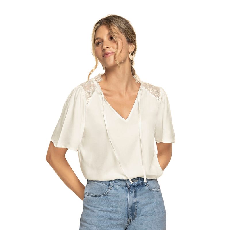 LEONISA - Leonisa Blusa manga corta con encaje en hombros y cuello en V