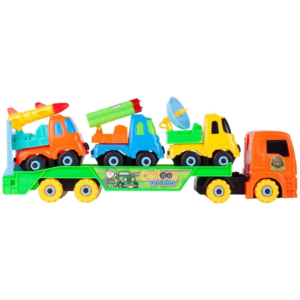 GENERICO - Camión Tractomula Niñera De Vehiculos Armable + Militar