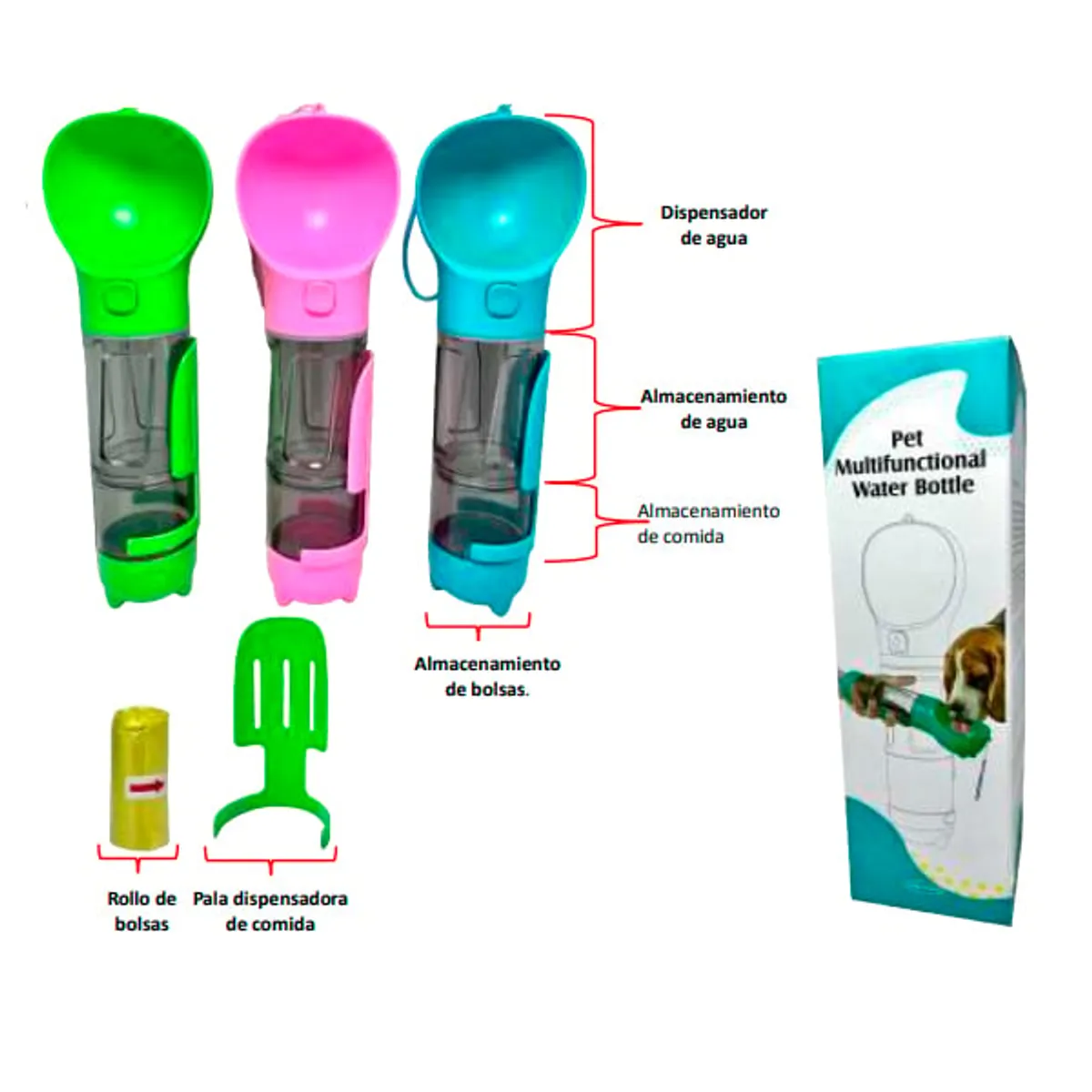 GENERICO - Botella Portatil 3 En 1 Multifuncional Para Perros Mascotas
