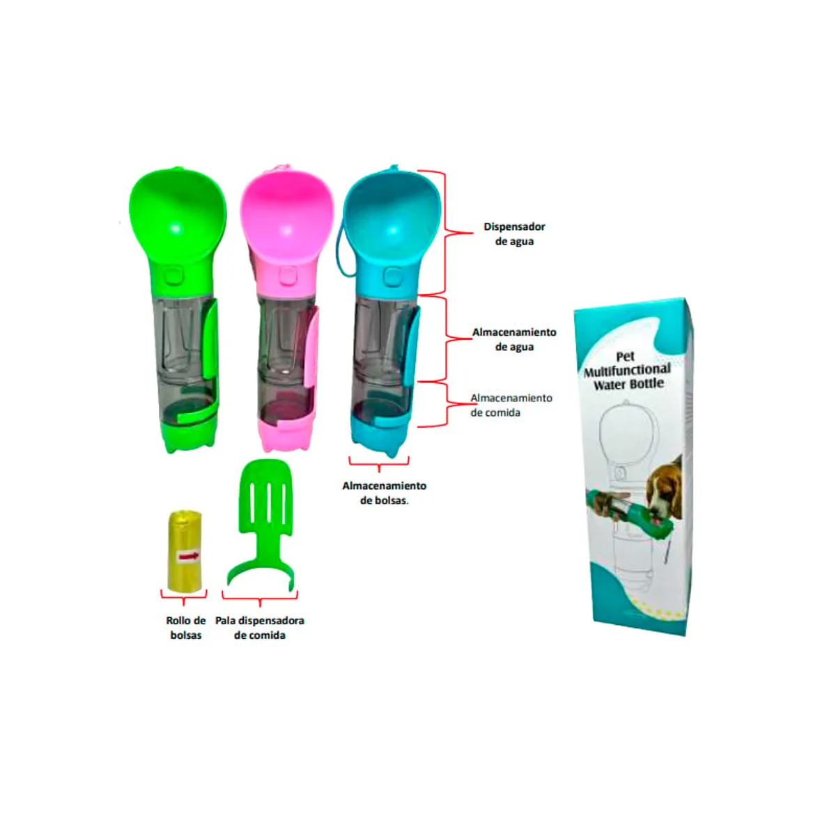 GENERICO - Botella Portatil 3 En 1 Multifuncional Para Perros Mascotas