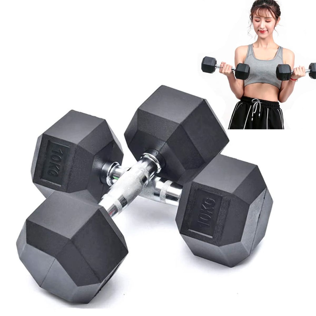 GENERICO - Mancuernas Pesas 10kg Encauchetadas Hexagonales Fitness Gym