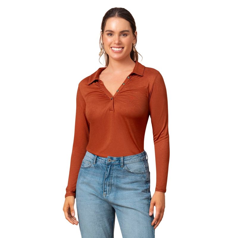 LEONISA - Leonisa Camiseta manga larga con cuello camisero y perilla funcional