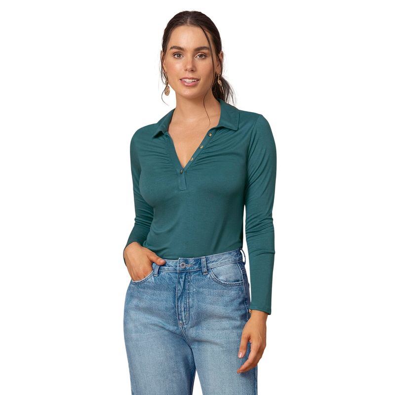 LEONISA - Leonisa Camiseta manga larga con cuello camisero y perilla funcional