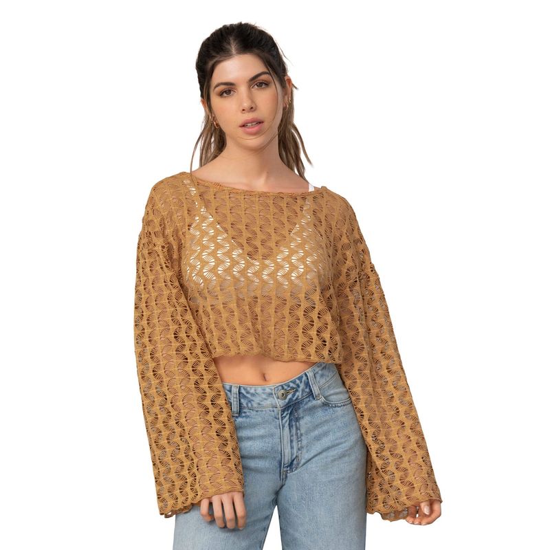 LEONISA - Leonisa Camiseta crop manga larga con transparencias