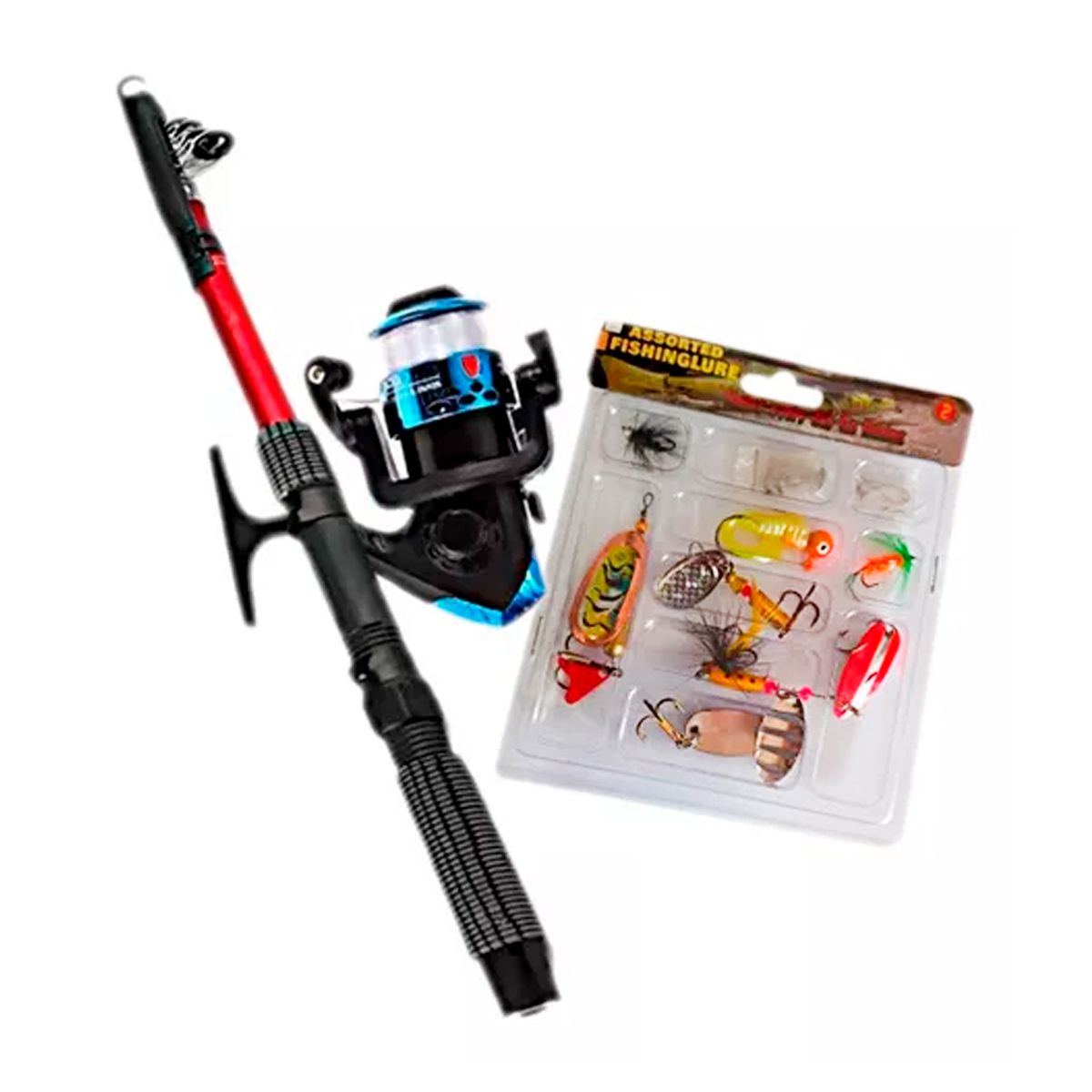 GENERICO - Kit x2 Caña Pescar Bara Carrete Nylon + Anzuelos + Señuelos