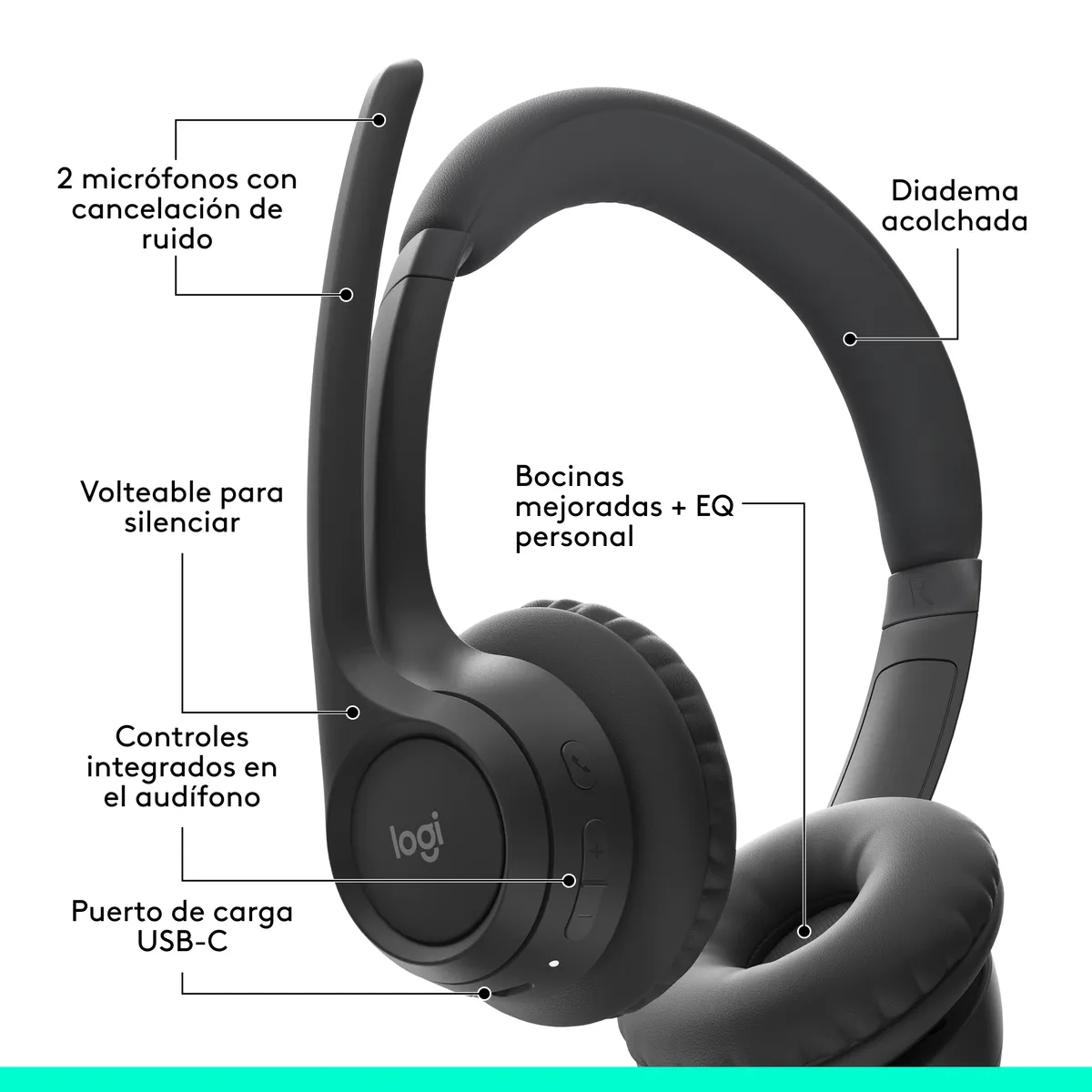 LOGITECH - Diadema Bt Inalámbrica, Logitech Zone 300 2 Micrófonos, Negro