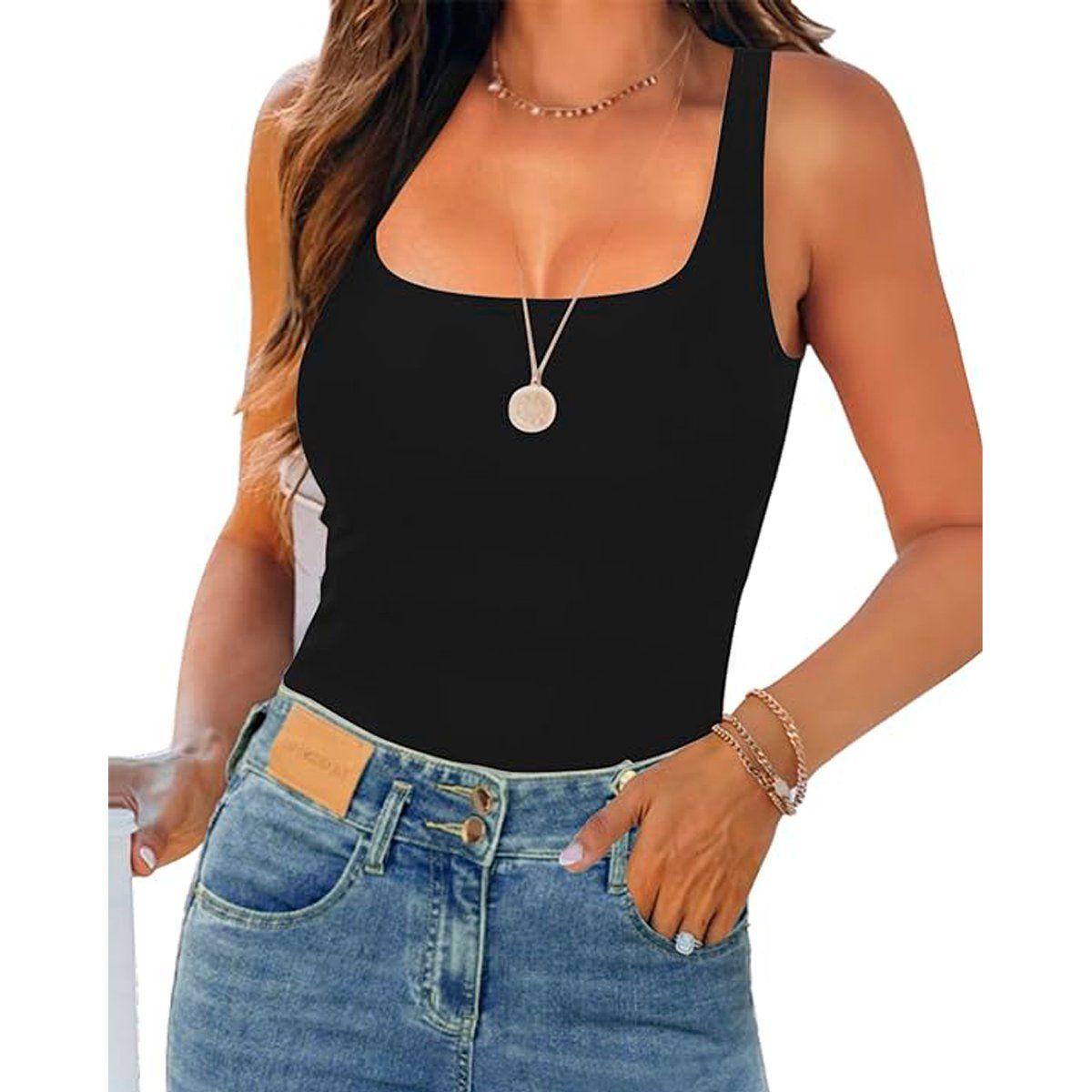 SYK - Blusa Para Mujer Sin Mangas Cuello Cuadrado Unicolor Larga