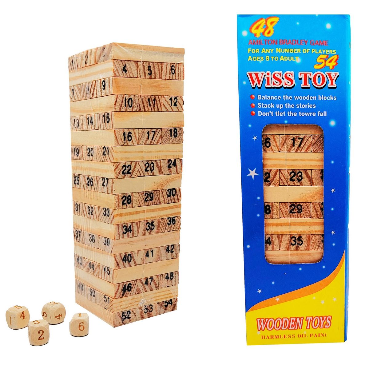 GENERICO - Torre Jenga 54 Bloques 4 Dados Madera Juego Niños Y Adultos