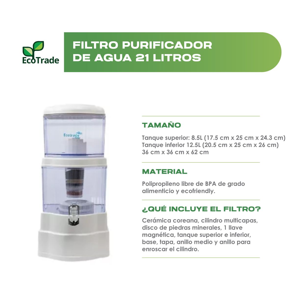 ECOTRADE - Filtro Purificador de Agua 21 Litros Ecotrade Filters