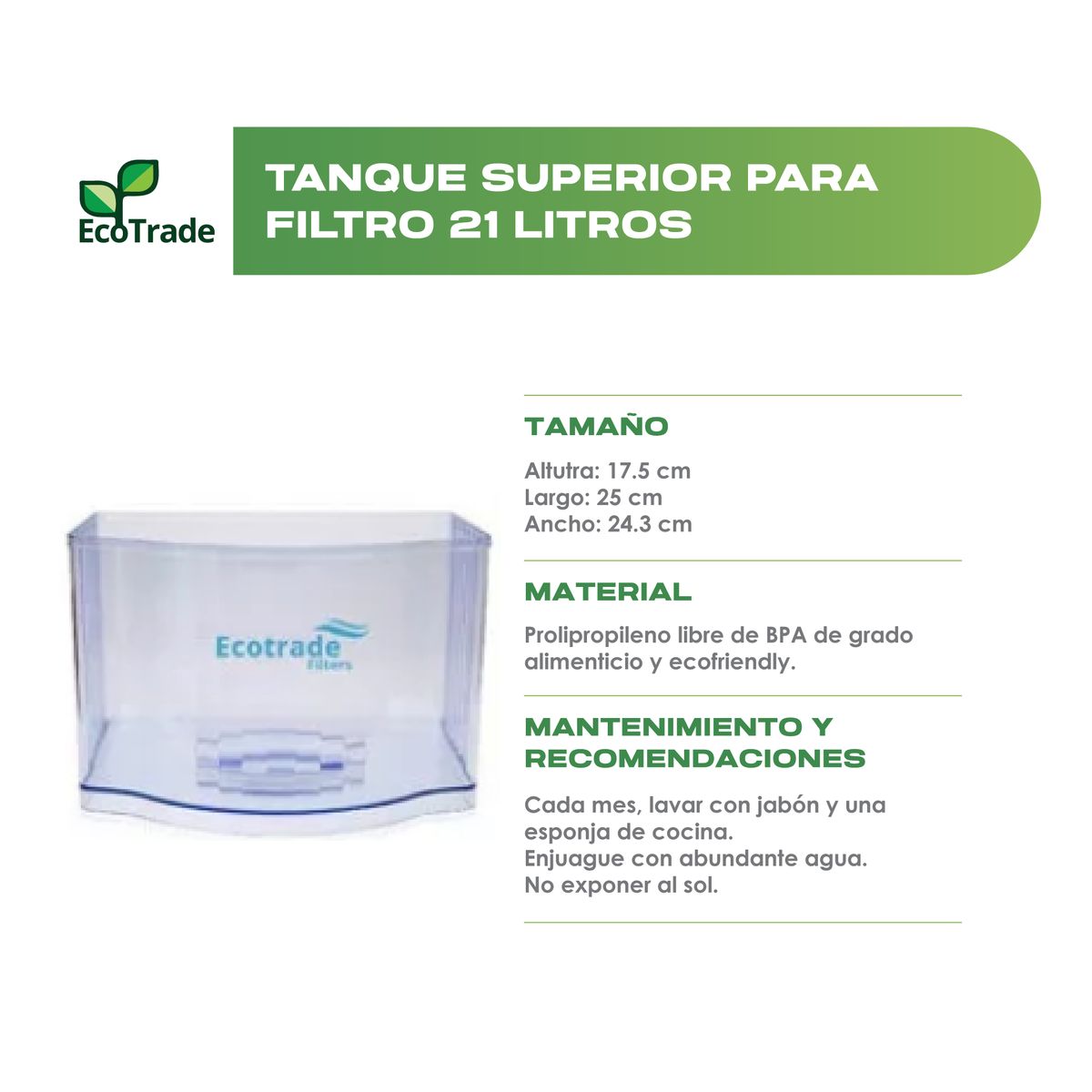 ECOTRADE - Tanque Superior Filtro Purificador Agua 21 Litros Ecotrade