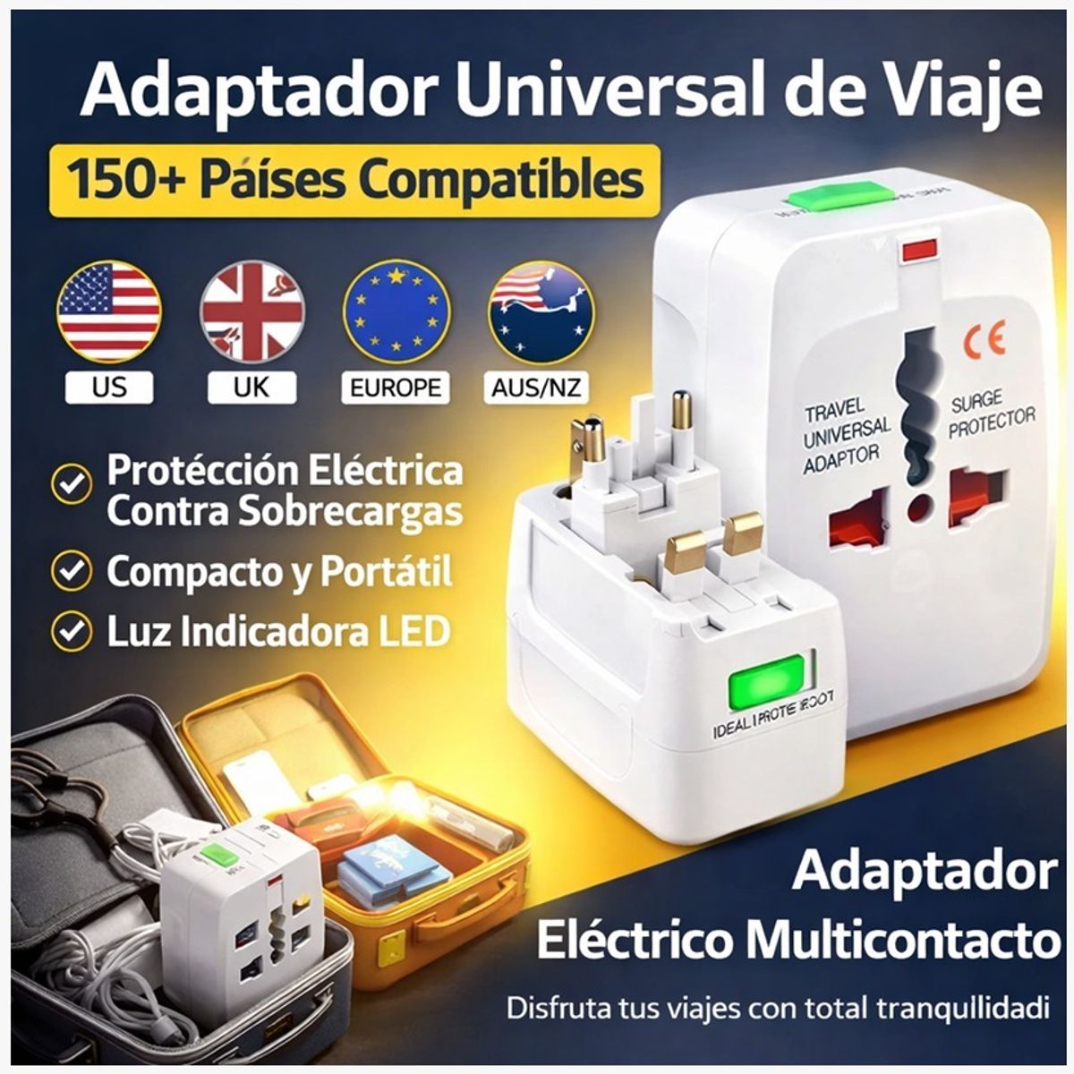 GENERICO - Adaptador Eléctrico Universal Toma Corriente Con Protección Multicontacto Para Viaje